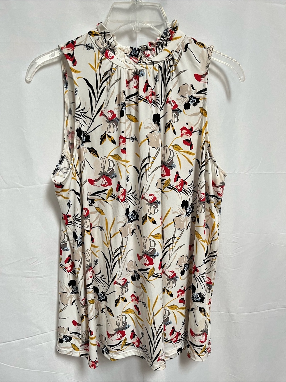 The Limited White Sleeveless Floral Ruffle-Neck Top with Red & Mustard Accents